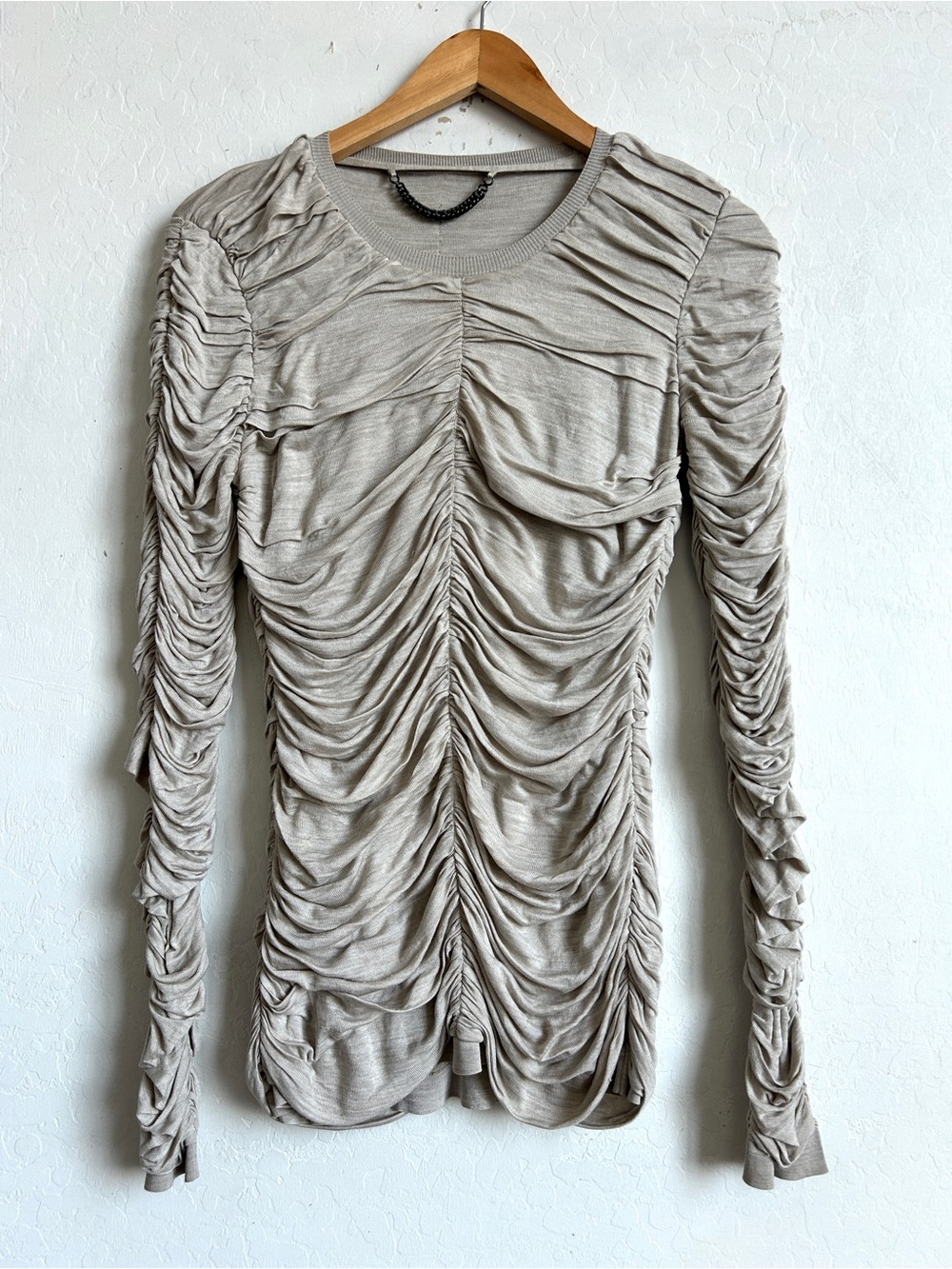 Burberry Prorsum Top Medium Silk Long Sleeve Ruched Fitted Stretch Gray *READ*